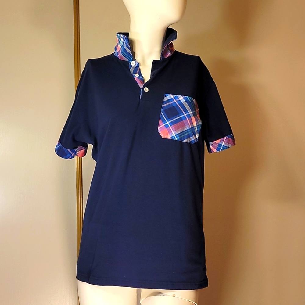 Blue polo with plaid accents